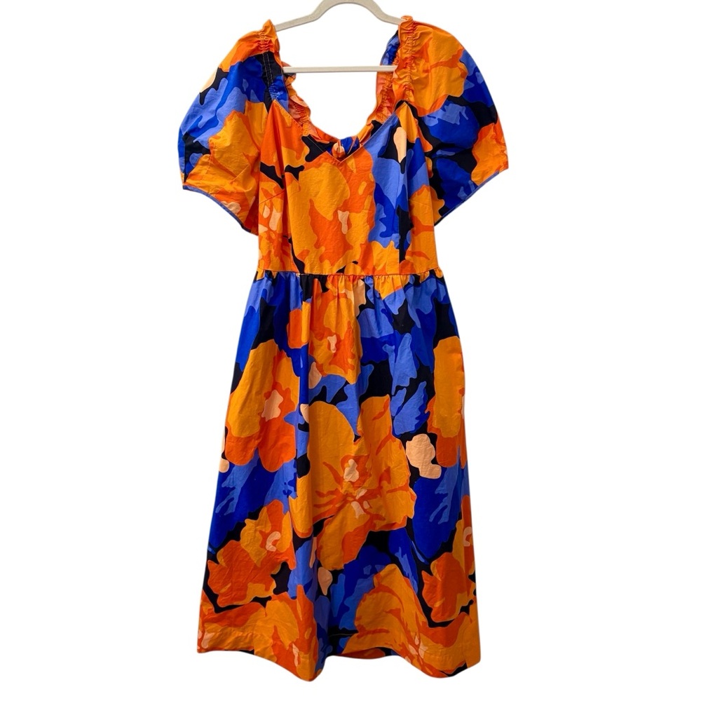 Tabitha Brown for Target Orange/Blue Puff Sleeve Tie Back Midi Dress sz 16W/18W - Picture 2 of 7